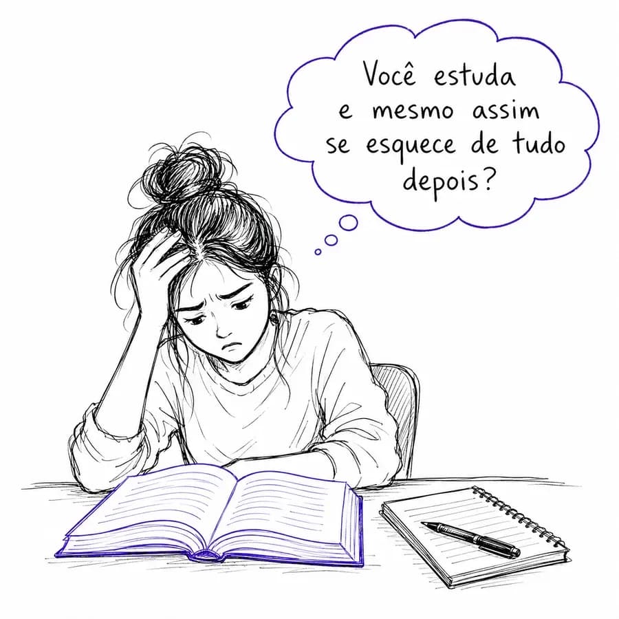 Estudante debruçada sobre um livro, com um balão de pensamento perguntando: você estuda e mesmo assim se esquece de tudo depois?